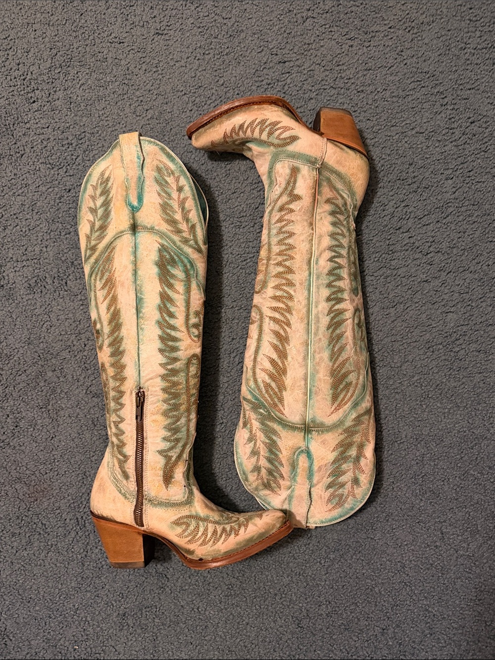 Embroidered Beige Suede Over-the-Knee Western Boots with Green Accents